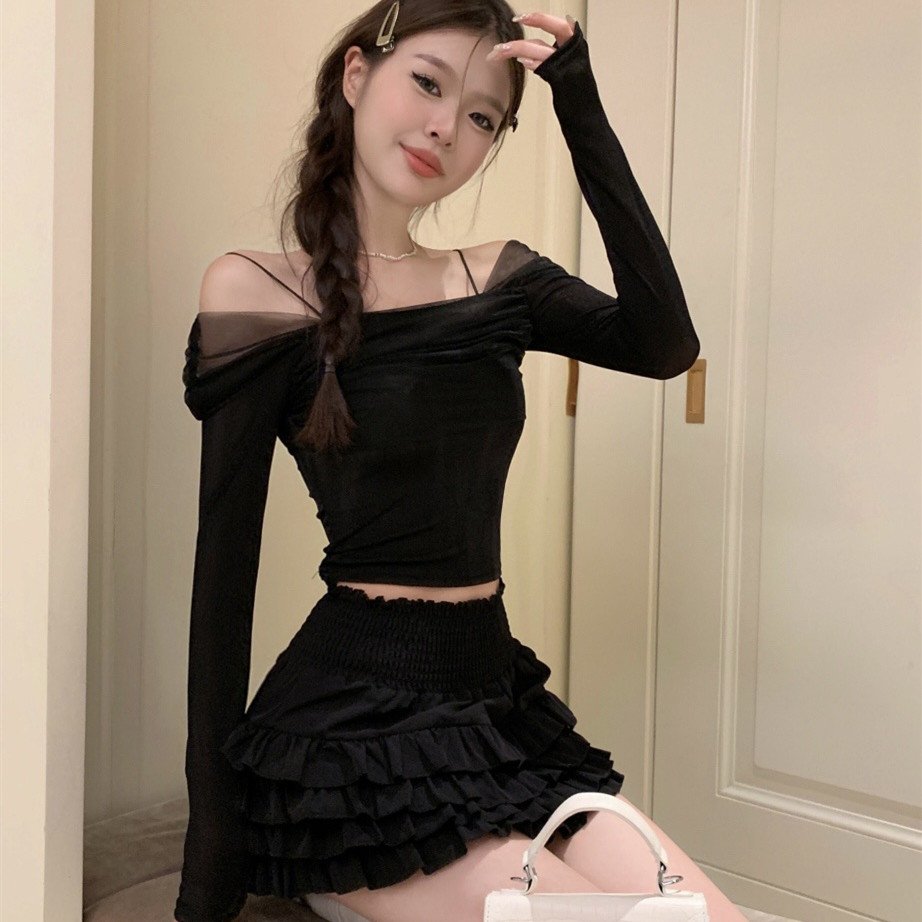 French Off-the-Shoulder Long Sleeve Top for Women
