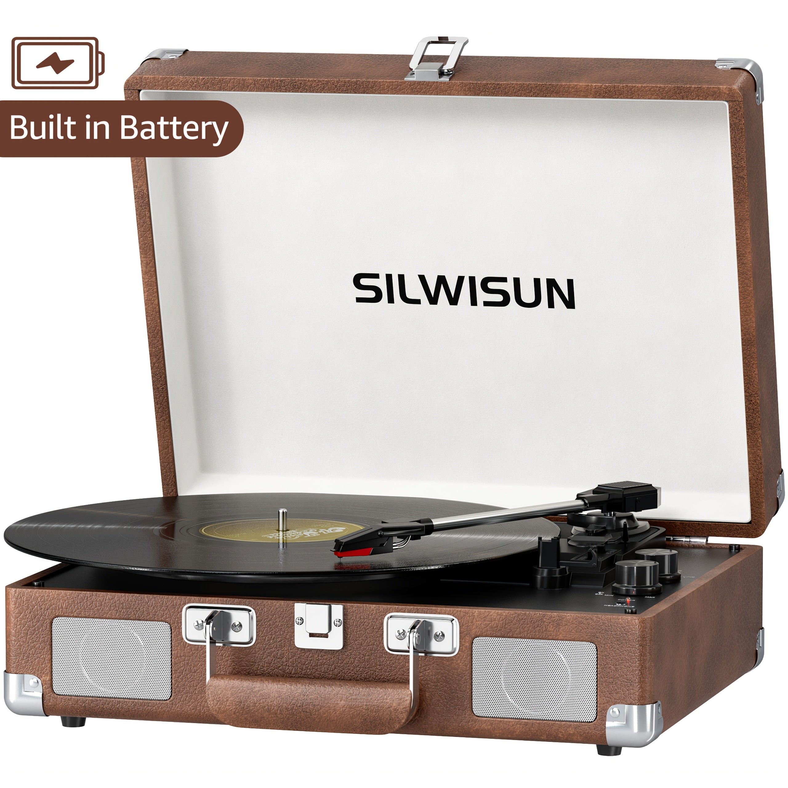 Portable Vinyl Record Player with Built‑In Speakers, Battery Powered, 3‑Speed Turntable, Wireless, Suitcase Design, 3.5 mm Headphone Jack, Aux In & RCA Out – Pink, Green, Brown, Black