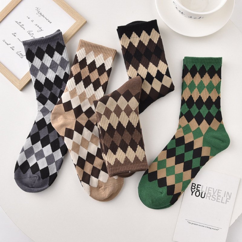 Diamond Plaid Mid Calf Socks for Women