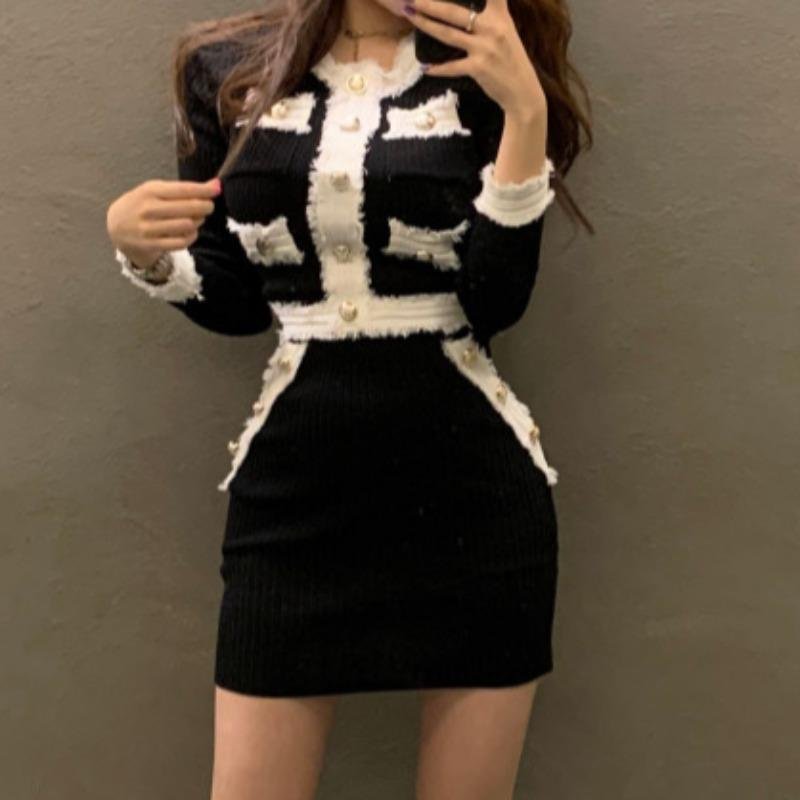 Cozy Knit Set for Women: Black Two-piece Skirt & Top
