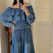 Retro Denim Off-Shoulder Top & Skirt Set