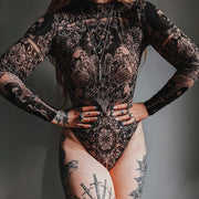 Vintage Slim Abstract Print Long-sleeved Jumpsuit for Women