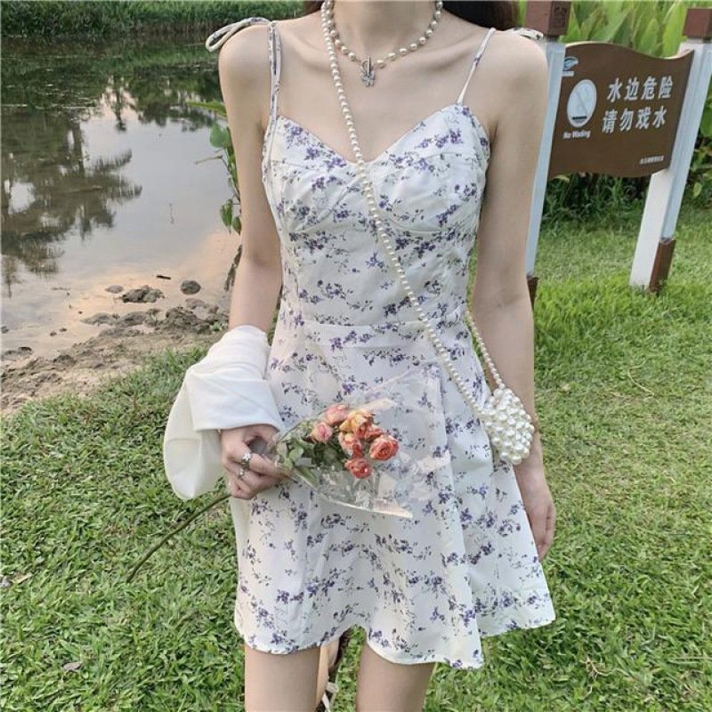 Floral Strap Dress for Women - Waist Slimming, Short Sleeve
