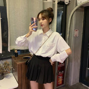 Loose White Women's Shirt, Long Sleeve, Versatile Polo Collar
