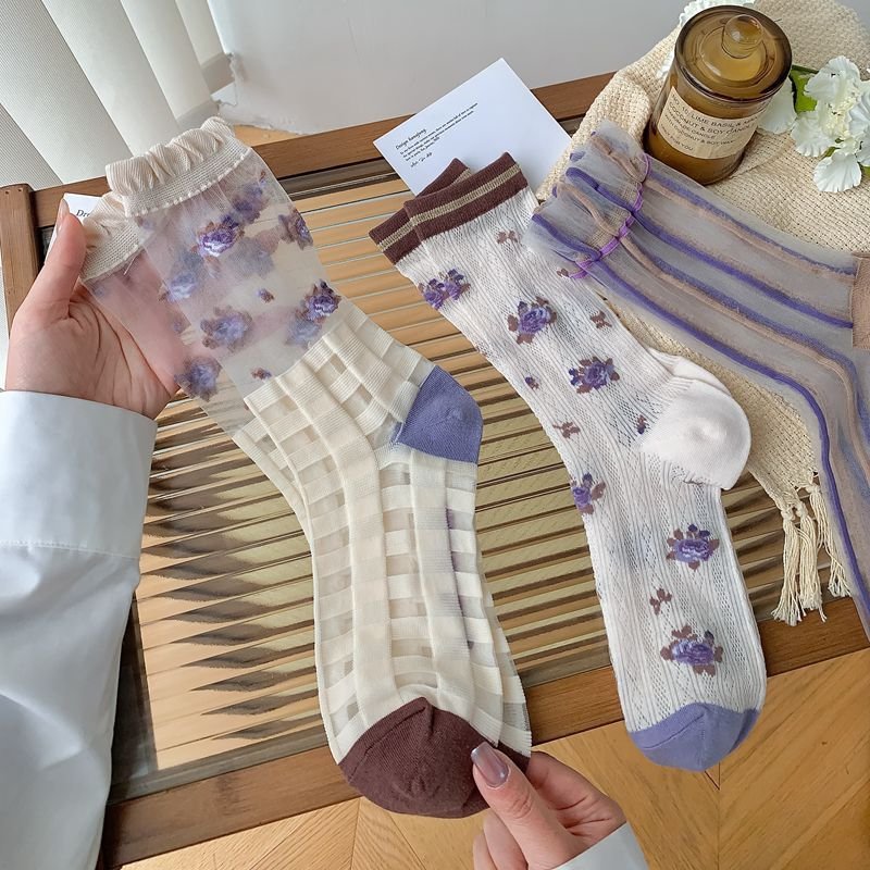 Vintage French Stripe Lace Mid-Calf Socks for Women