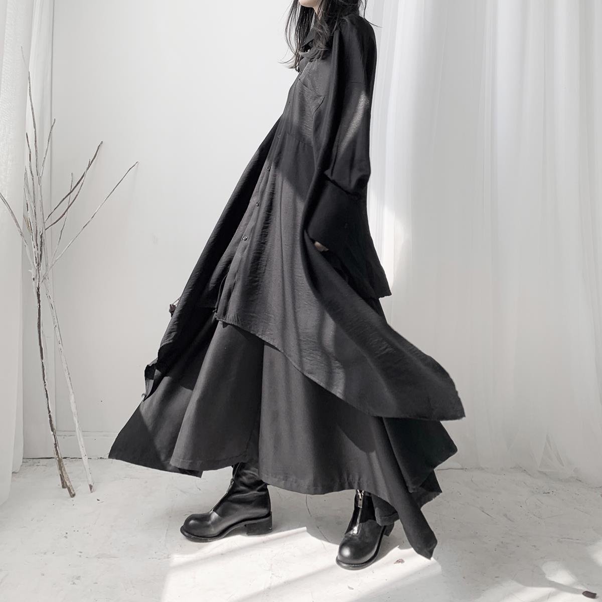 Asymmetric Two-piece Set for Women - Long Sleeve Shirt Skirt