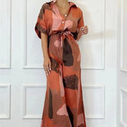 Casual Loose Short Sleeves Lapel Print Jumpsuit for Women