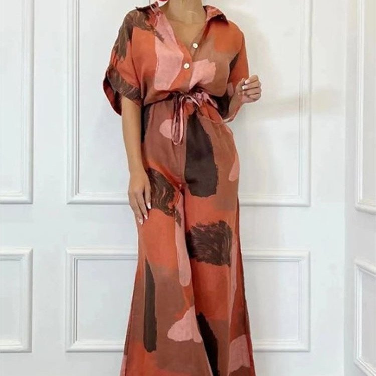 Casual Loose Short Sleeves Lapel Print Jumpsuit for Women