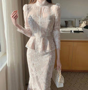 White Ruffled Fishtail Skirt with Crocheted Lace Top
