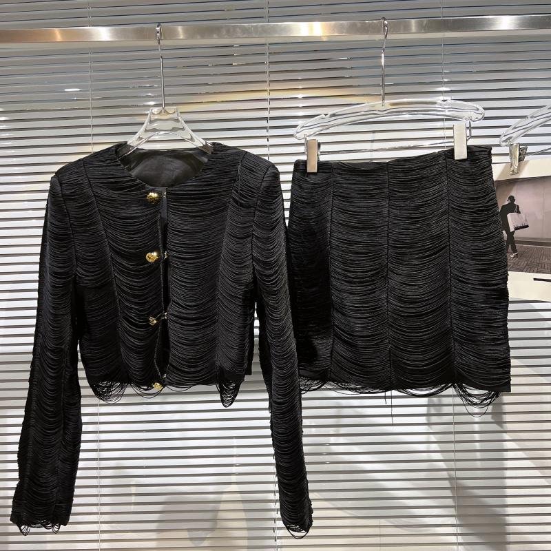 Classic Tassel Padded Shoulder Skirt Suit for Women