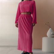 Bell Sleeve Skirt Suit, Mid-Length Green & Rose Red Jumpsuit for Women