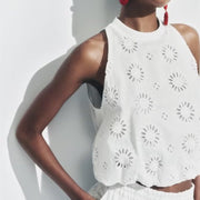 White High-Waist Embroidered Skirt Set