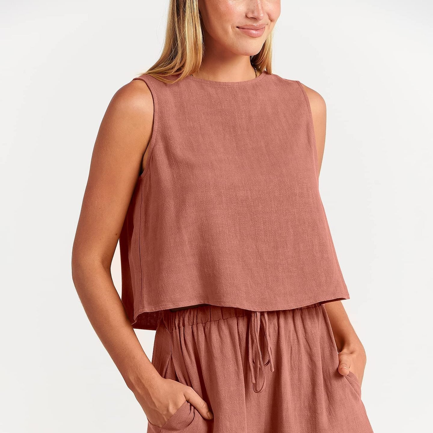 Casual Sleeveless Linen Shorts Set for Women