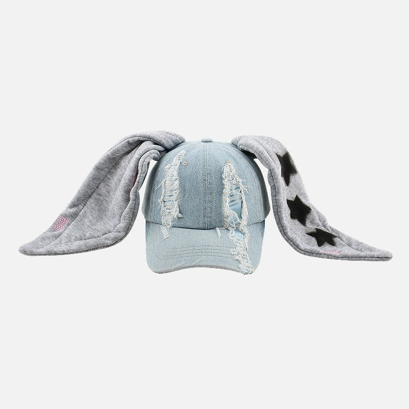 Washed Denim Baseball Hat with Rabbit Ears Design