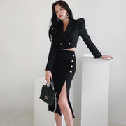 High Waist Slimming Coat Skirt Suit for Women - Black
