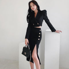 High Waist Slimming Coat Skirt Suit for Women - Black
