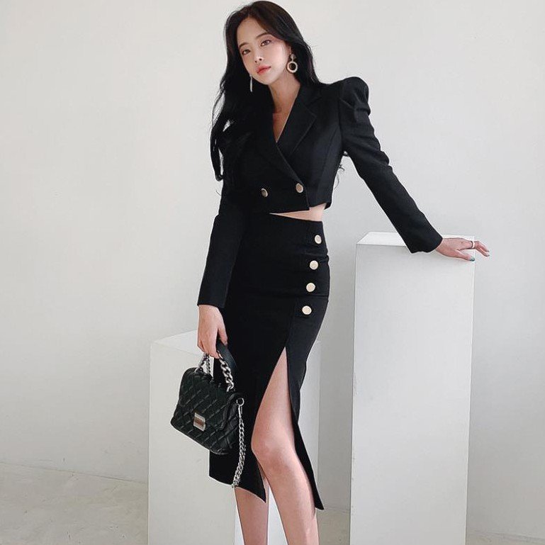High Waist Slimming Coat Skirt Suit for Women - Black