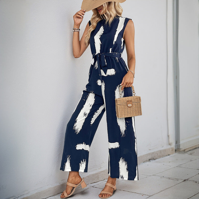 Resort-style Womens Sleeveless Printed Wide-leg Jumpsuit