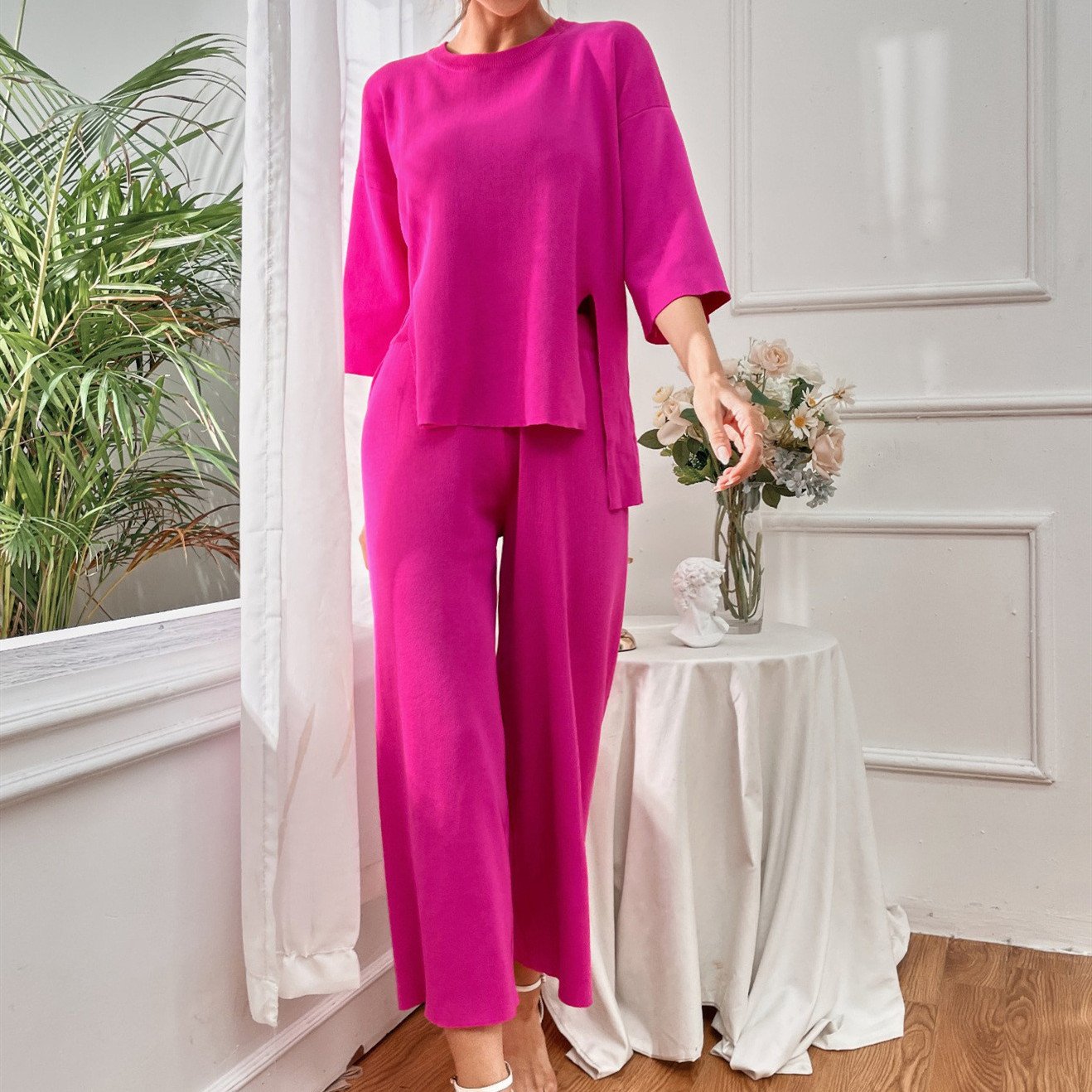 Women's Knitted Two-piece Suit High Waist Split Round Neck