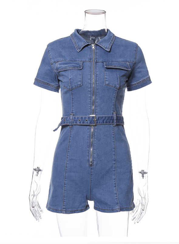 Slim Fit Deep V Denim Jumpsuit with Belt & Pockets