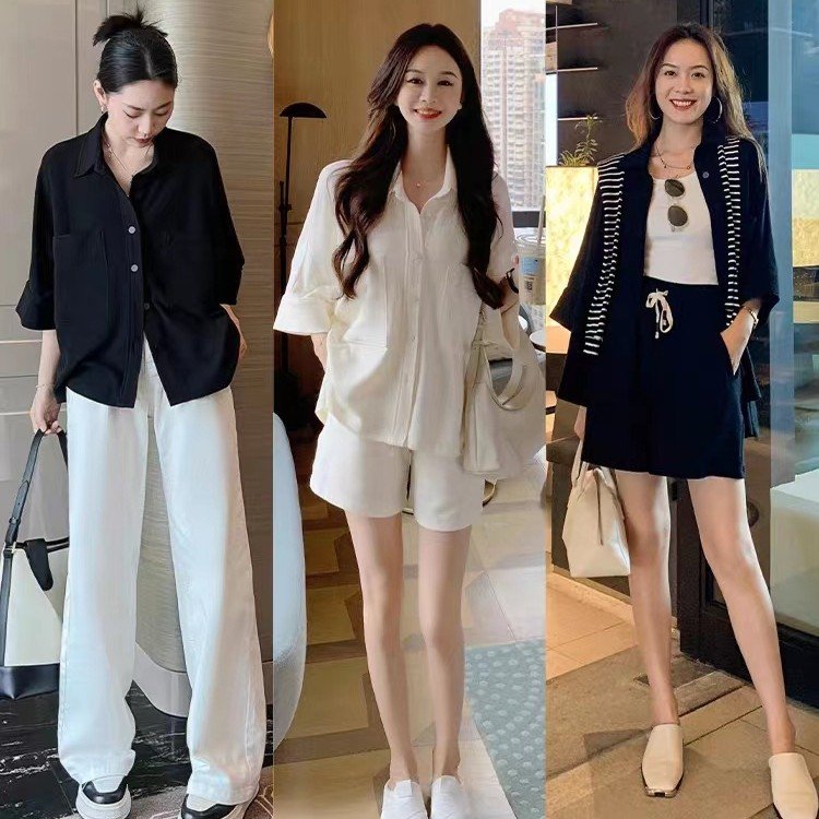 Casual Cotton Pocket Shirt with Elastic Waist Shorts