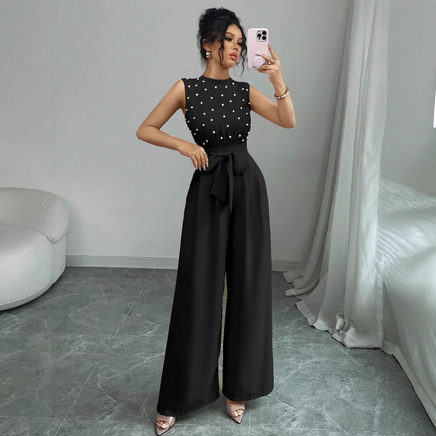 Black Polka Dot Sleeveless Wide-Leg Jumpsuit