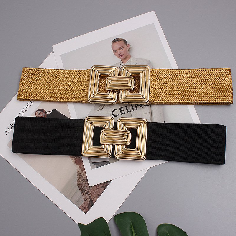 Gold Buckle Jute Wide Belt for Women
