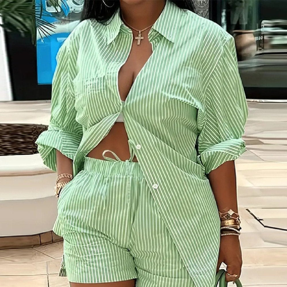 Striped Commute Leisure Top & Shorts Set - 2-Piece Comfort Outfit