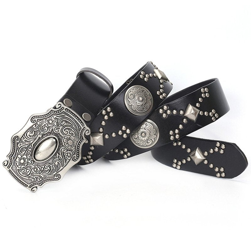Rivets Leather Belt for Men - Classic Diamond Buckle