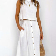 Women's Mid-Length Two-Piece Dress Suit with Round Neck Vest