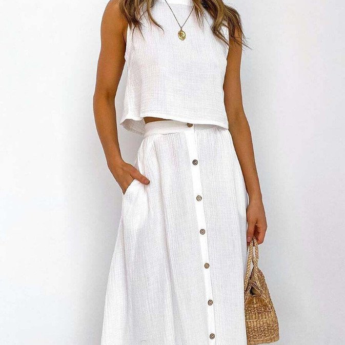 Women's Mid-Length Two-Piece Dress Suit with Round Neck Vest