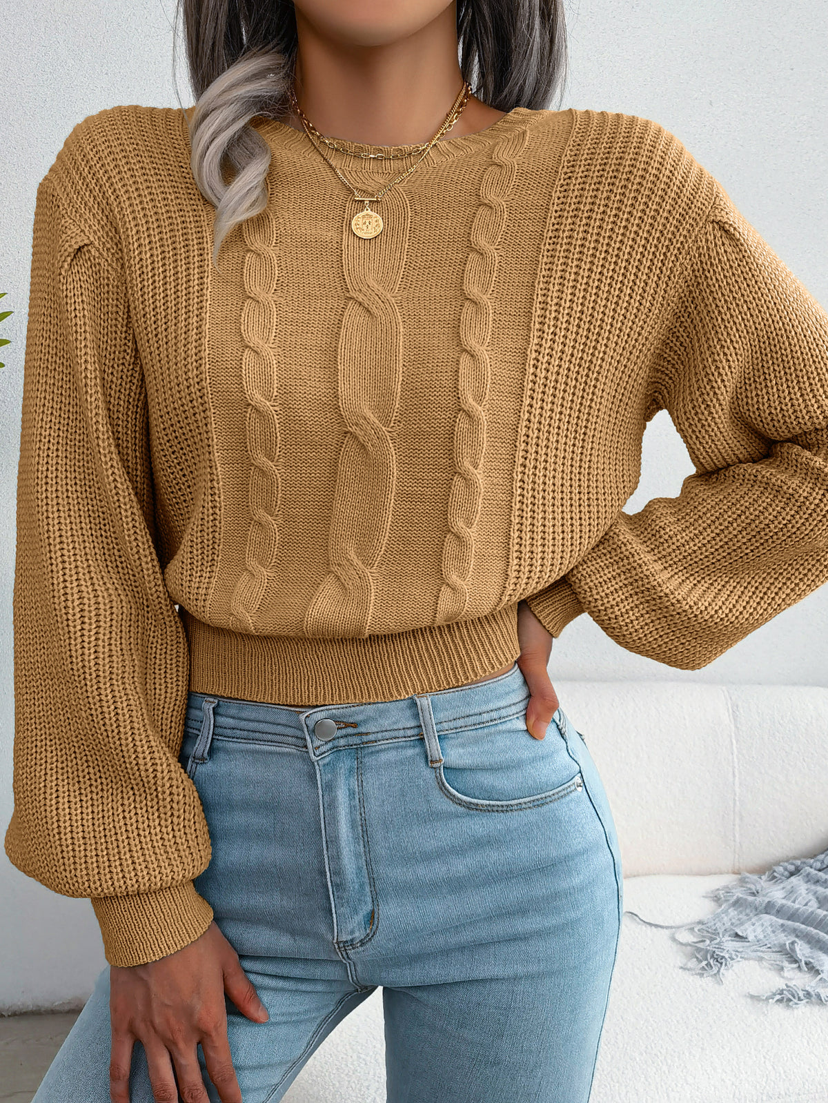 Women Casual Cable Knit Lantern Sleeve Cinched Sweater