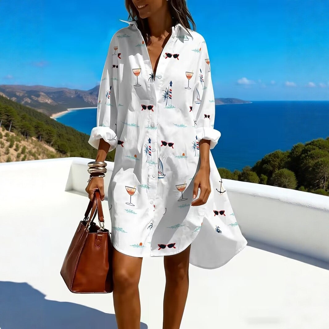 Printed Relaxed-fit Long-sleeve Lapel-collar Casual Dress
