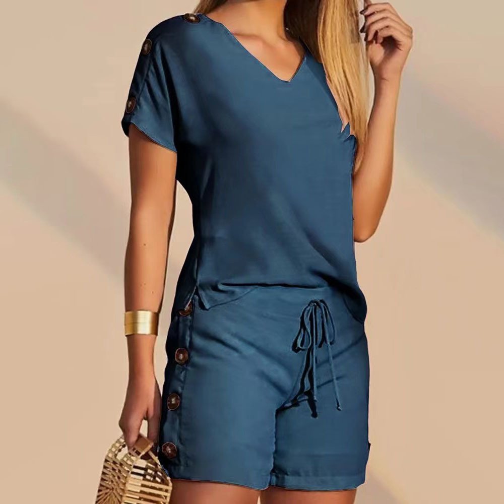 Women's Shorts Jumpsuit Set with Decorative Buttons