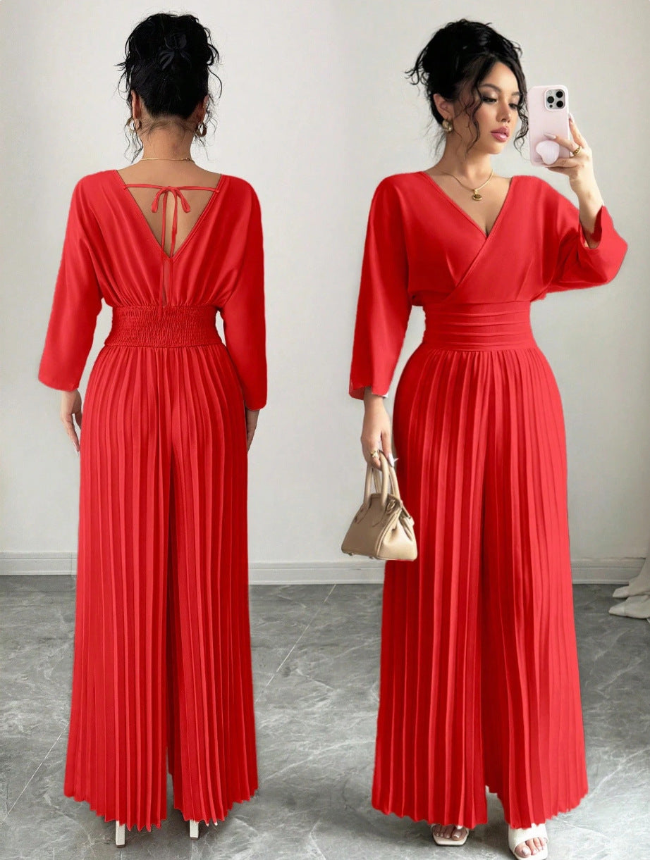 Solid-color Pleated Jumpsuit Pants For Women