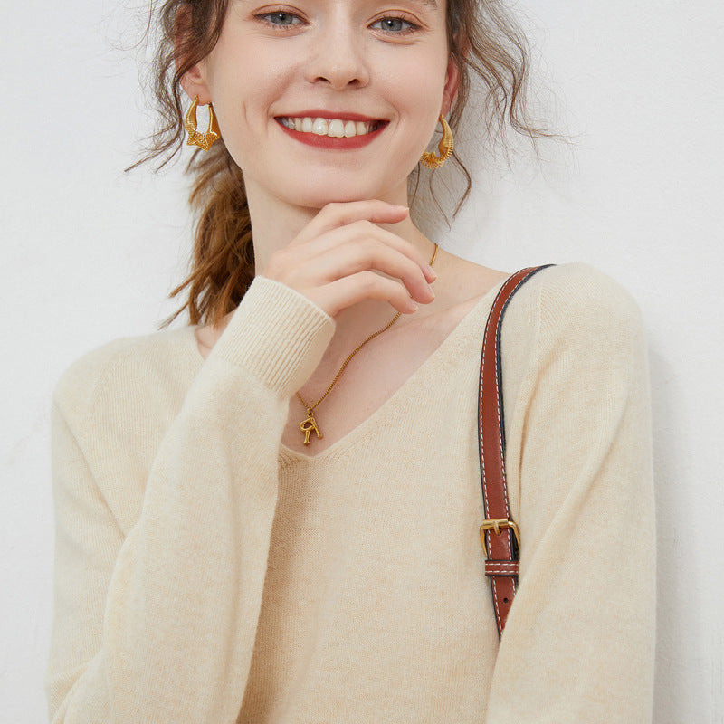 Pure Wool V-Neck Long-Sleeve Sweater for Women