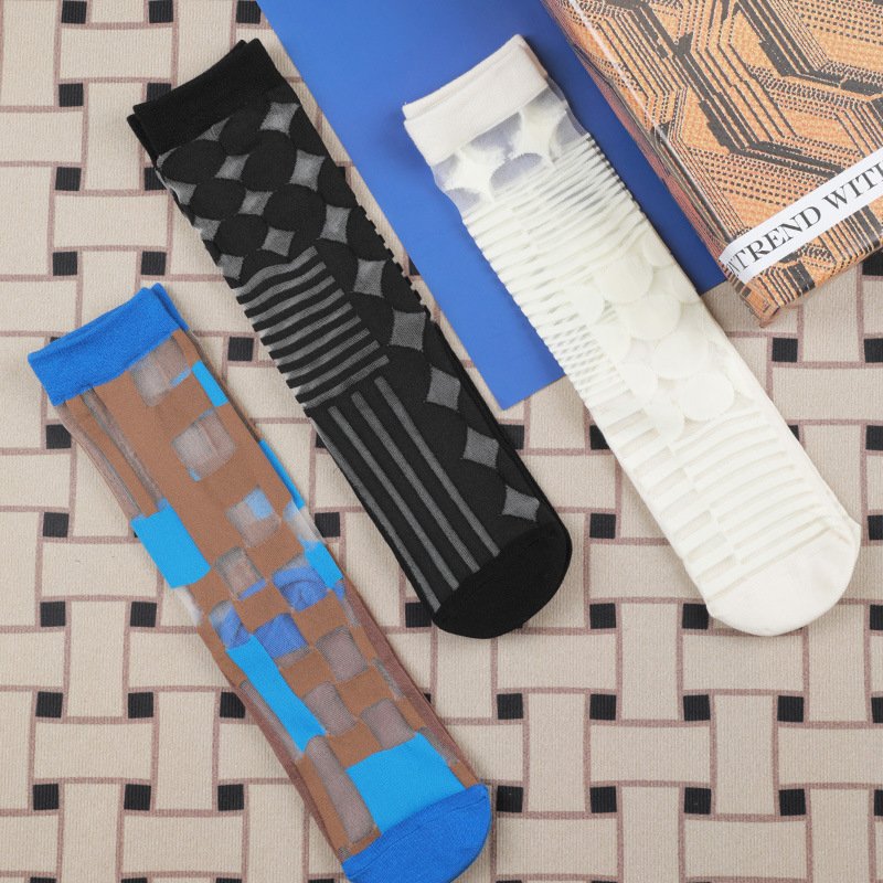 Summer Thin Asymmetric Spun Glass Striped Socks for Women
