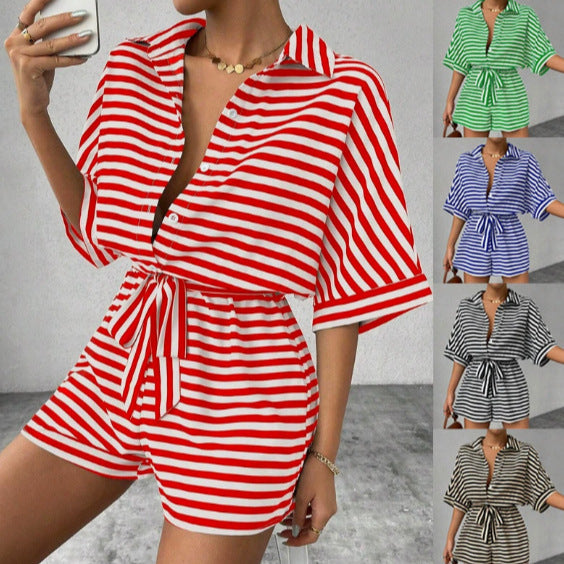 Women's Mid-Sleeve Color-Block Jumpsuit with Belt