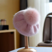 Warm Winter Beret for Women - Fox Fur Ball Knitted Cap