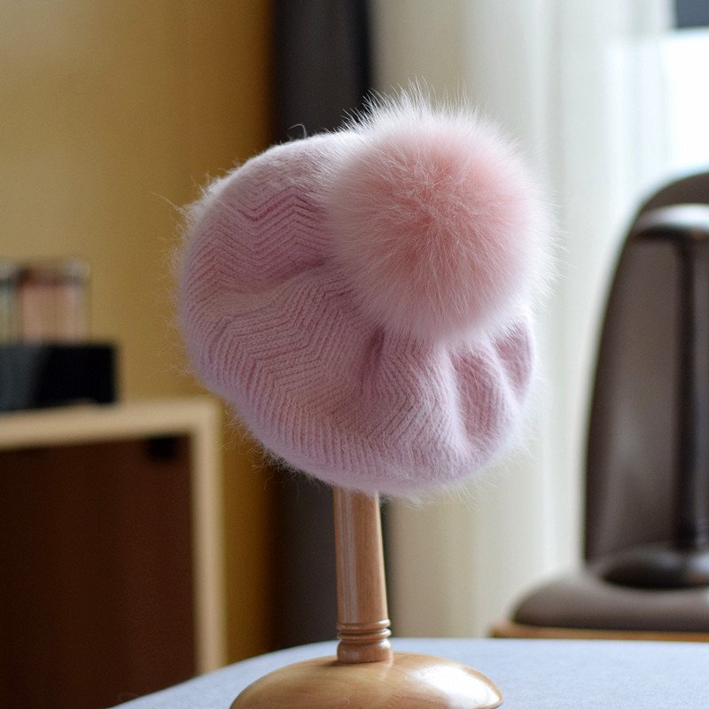 Warm Winter Beret for Women - Fox Fur Ball Knitted Cap