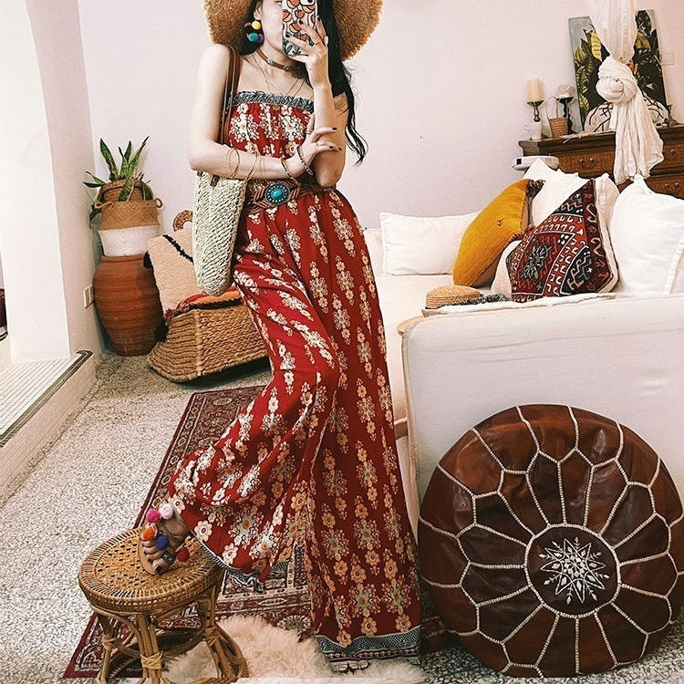 Red High-Waist Tube Top Wide Leg Jumpsuit