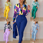 Elegant Printed Trousers Set - Long Sleeve Casual Style
