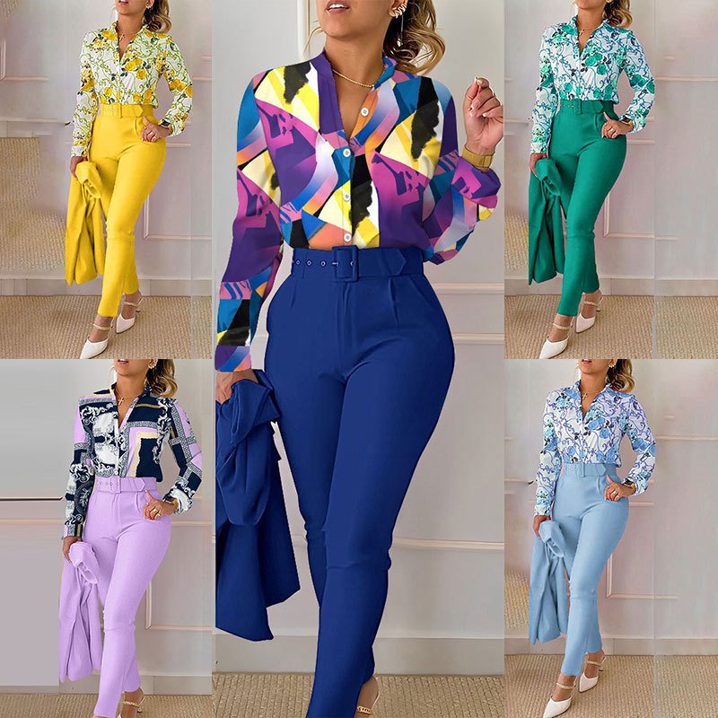Elegant Printed Trousers Set - Long Sleeve Casual Style