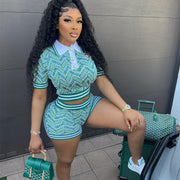 Retro Patchwork Shorts Set for Women