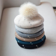 Vintage Wool Beret for Women, Korean Style Fox Fur Ball Hat