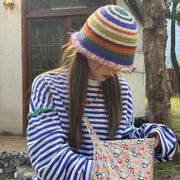 Colorful Striped Woolen Bucket Hat - Handmade Crochet Tassel