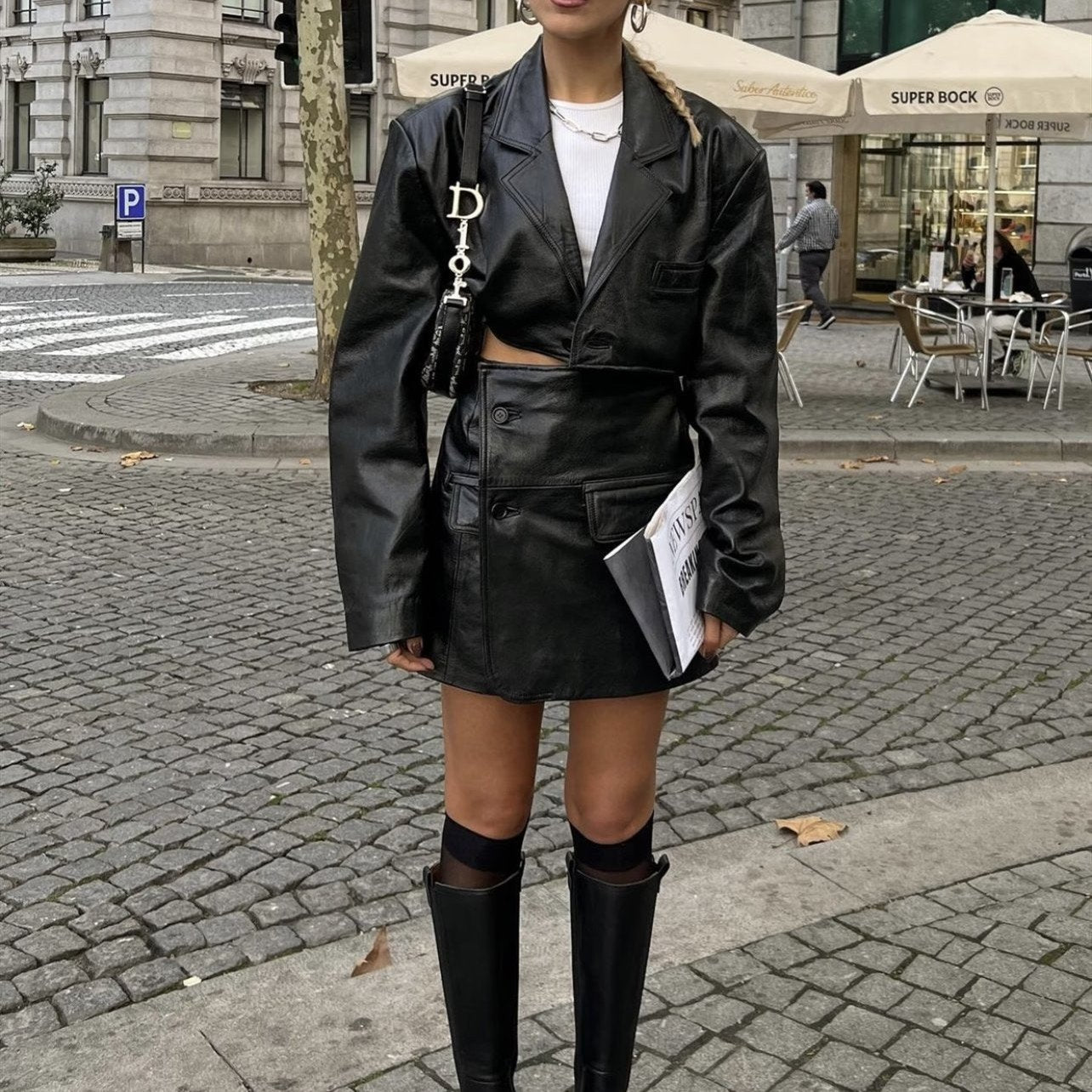 Personalized Street Chic Leather Skirt Suit for Women