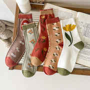 Retro Floral Mid-Calf Socks for Women - Combed Cotton