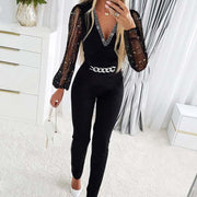 Black V-Neck Rhinestone Jumpsuit for Women