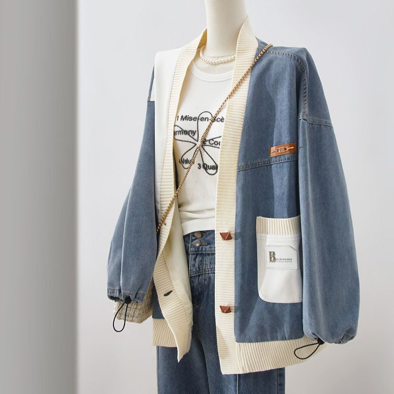 Hong Kong Style Patchwork Denim Jacket Women's Fat
